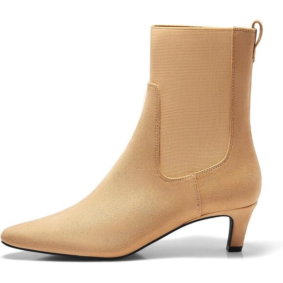 Women's Khaki Ankle Low Kitten Heel Pointed Toe Slip On Dressy Winter Boots - Picture 4 of 6